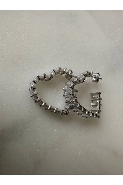 Baguette Zircon Stone Heart 925 Silver Stud Earrings - Silver