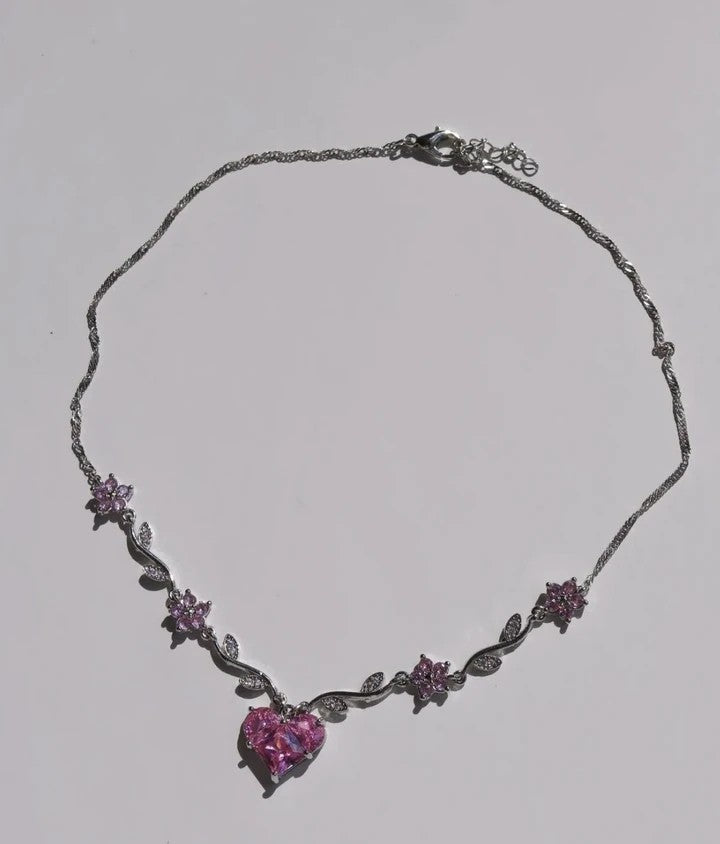 Pink Heart Flower Necklace