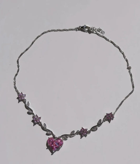 Pink Heart Flower Necklace
