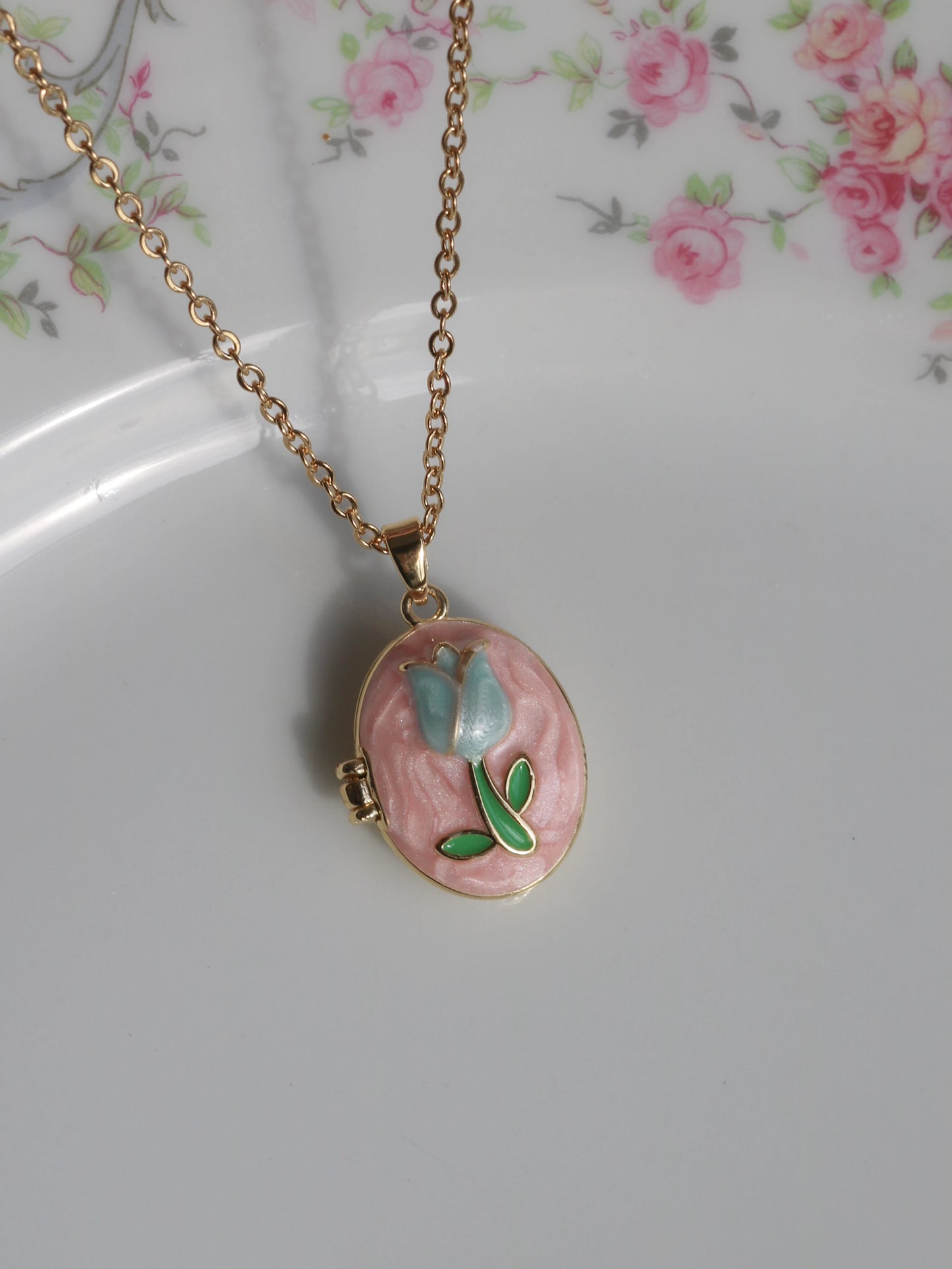 Pink Tulip Personalized Photo Locket Necklace