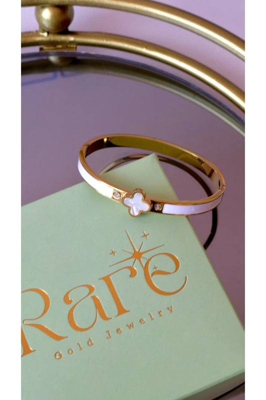 Pearlescent White Enameled Steel Cuff Bracelet V Flower Shaped - Gold