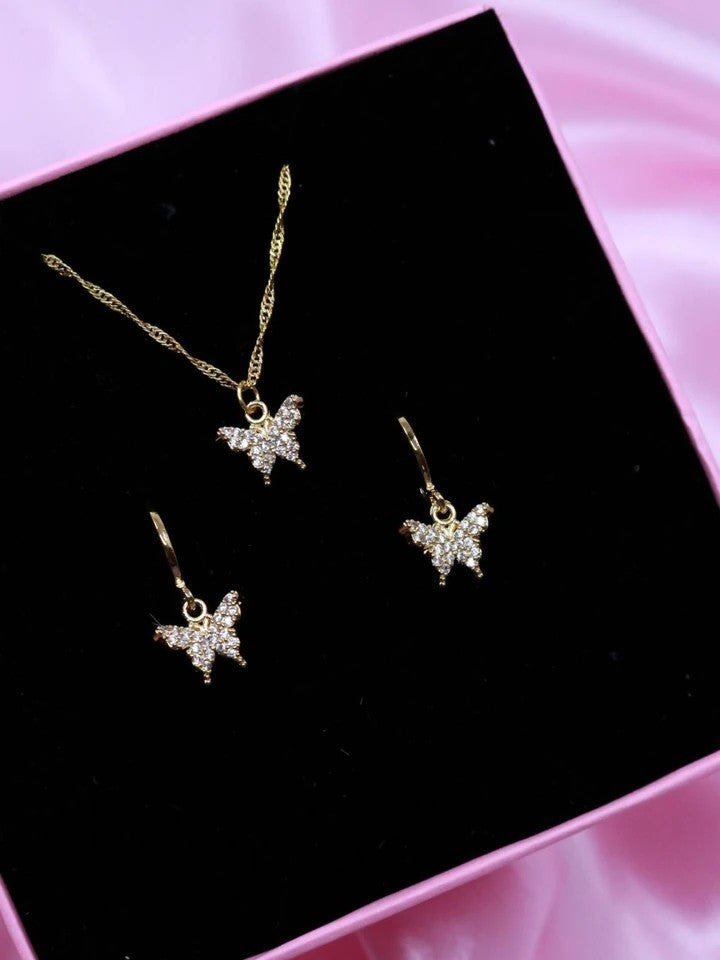 Minimal Zircon Butterfly Necklace Earring Set