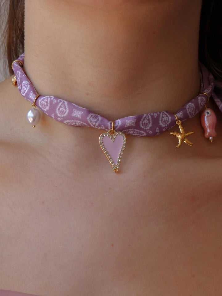 Purple Heart Glow Scarf Steel Charm Necklace
