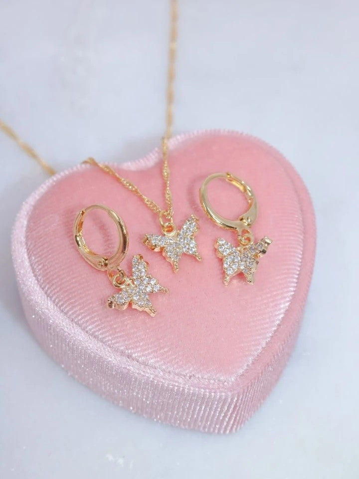 Minimal Zircon Butterfly Necklace Earring Set