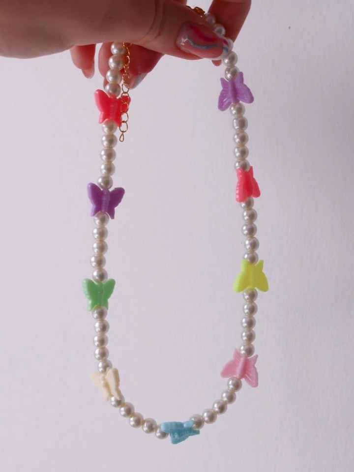 Summer Butterfly Glass Pearl Necklace