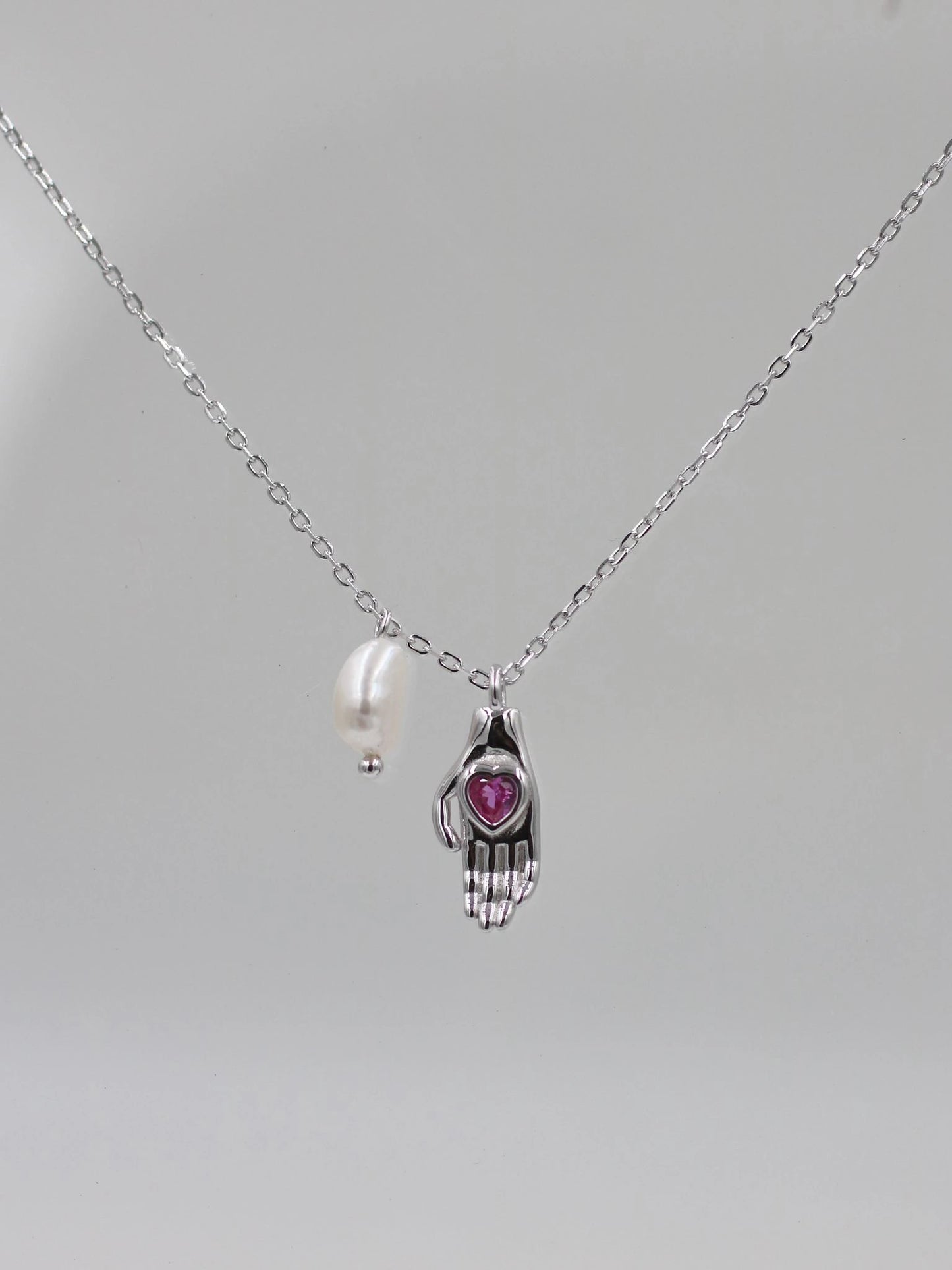 Pearly Fatimas Lovely Hand 925 Silver Necklace