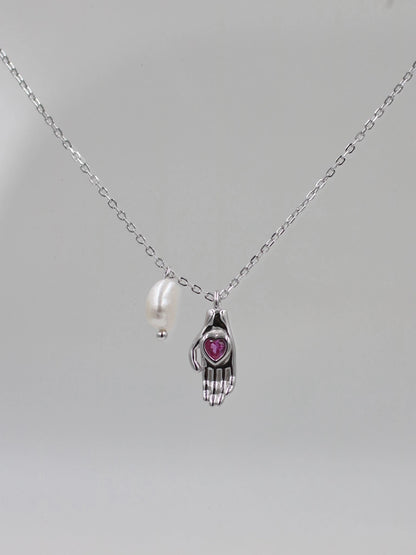 Pearly Fatimas Lovely Hand 925 Silver Necklace