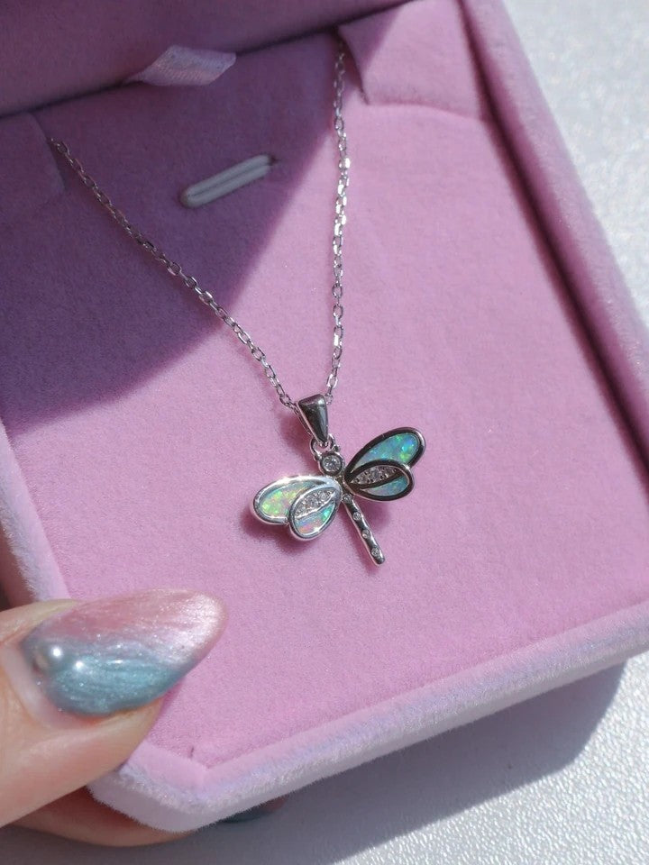 Opal Dragonfly 925 Silver Necklace