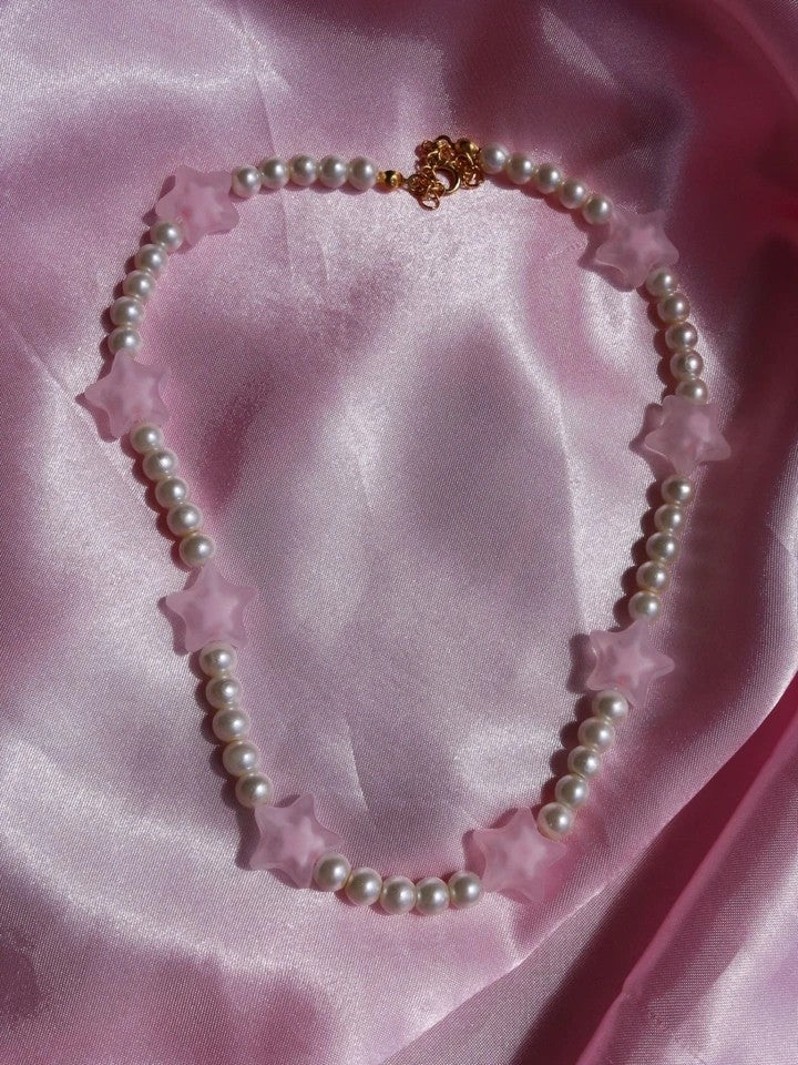 Pastel Pink Star Glass Pearl Necklace
