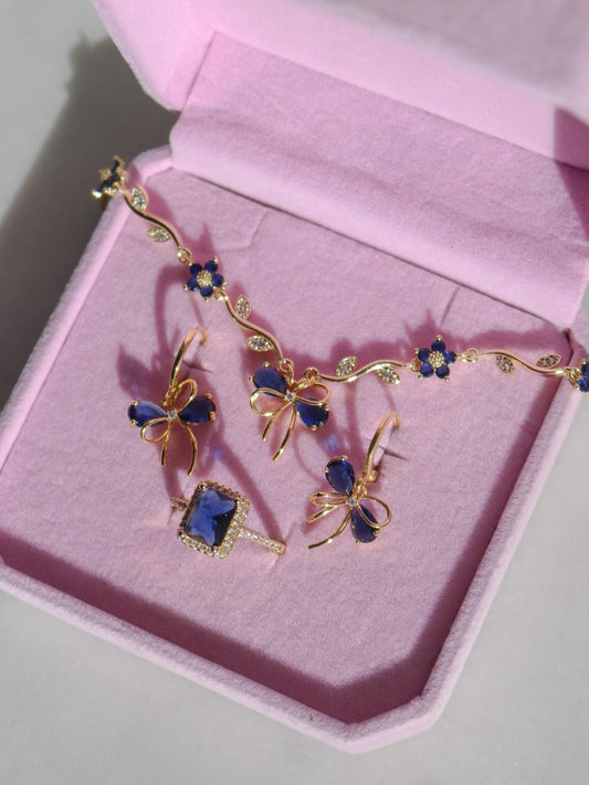Navy Blue Ribbon Garden Bracelet, Earrings, Ring Set