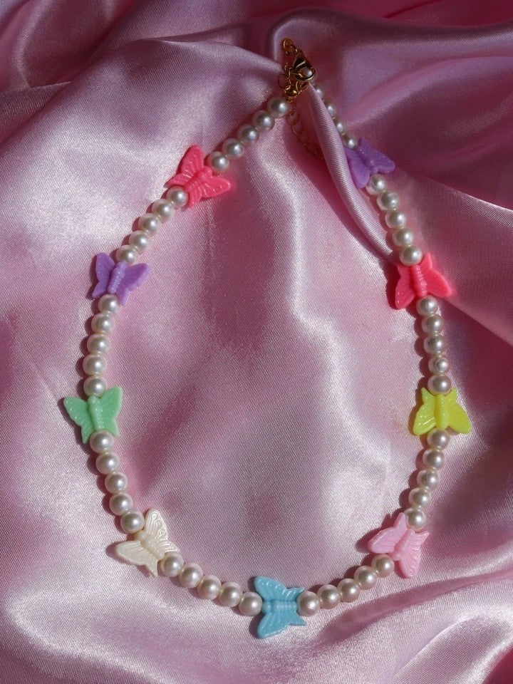 Summer Butterfly Glass Pearl Necklace