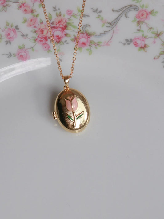 Pink Tulip Flower Personalized Photo Locket Necklace