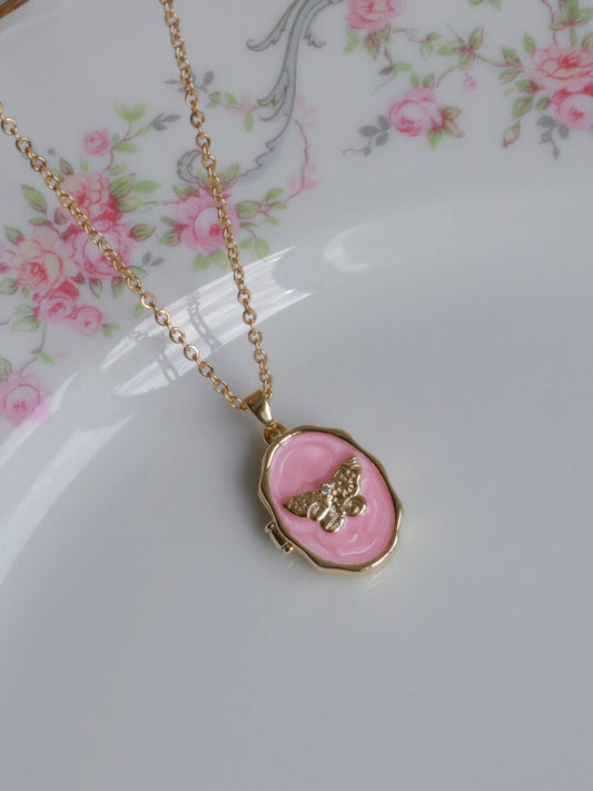 Pink Butterfly Glow Personalized Photo Locket Necklace