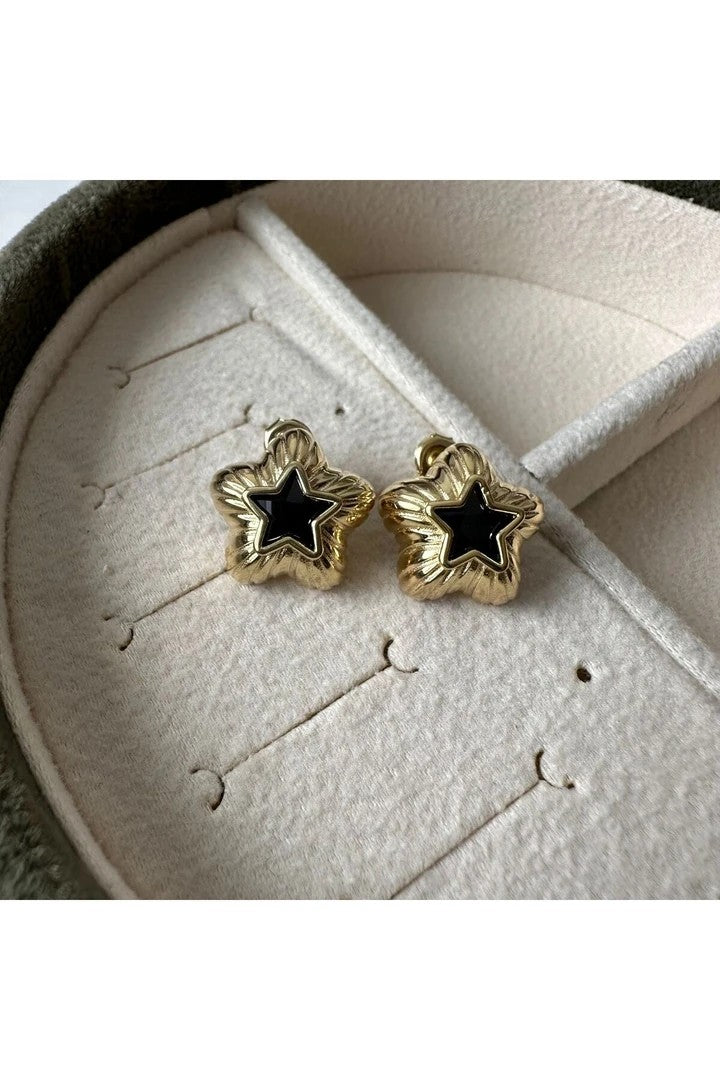 Black Zircon Stone Bombe Gold Plated 925 Silver Earrings