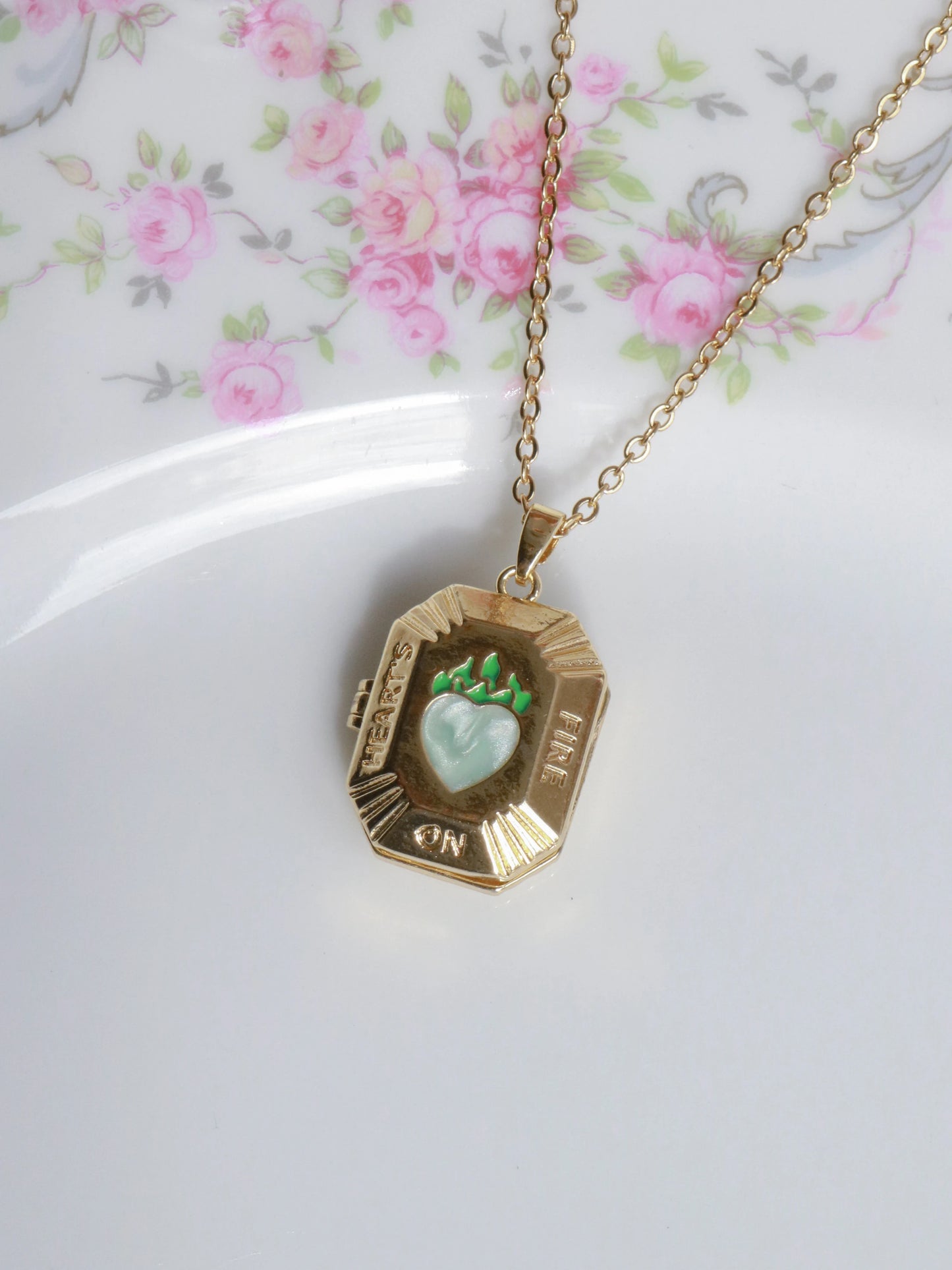 Green Hearts On Fire Personalized Photo Locket Necklace