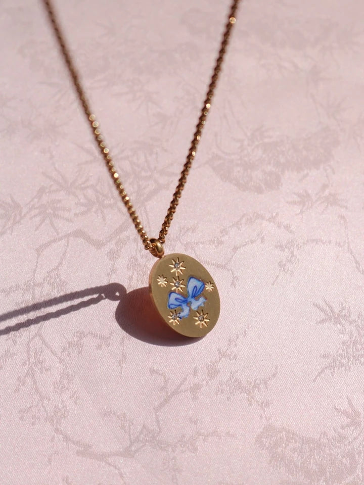 Vintage Blue Bow Steel Necklace