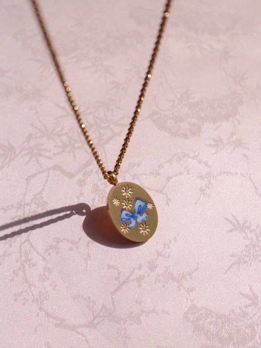 Vintage Blue Bow Steel Necklace