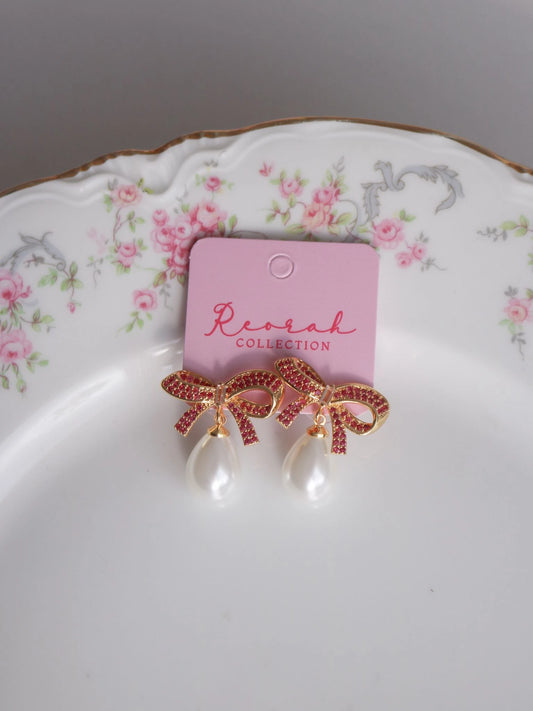 Dark Pink Glittering Bow Earrings