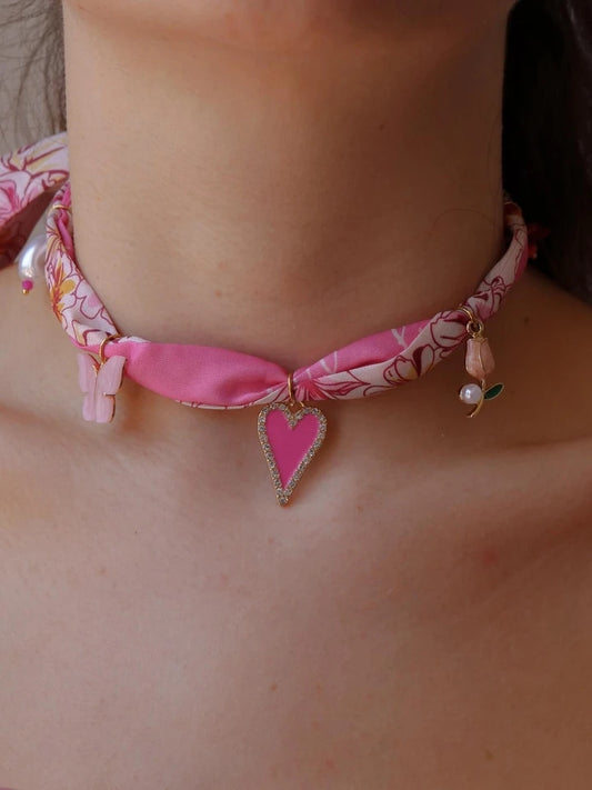 Pink Lover Scarf Steel Charm Necklace
