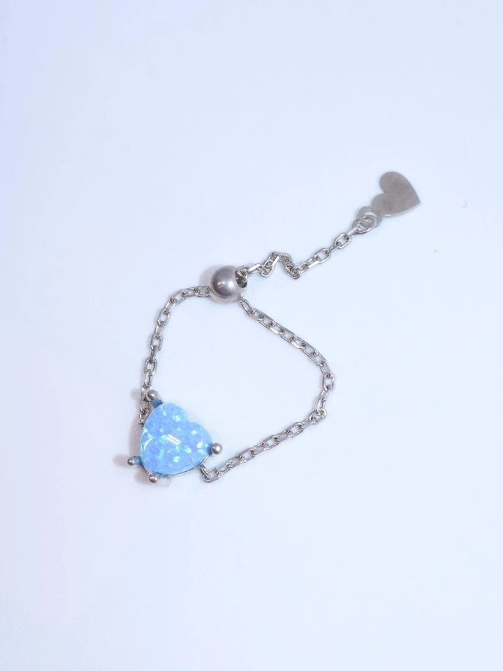 Heart Chain Ring Blue Opal 925 Sterling Silver