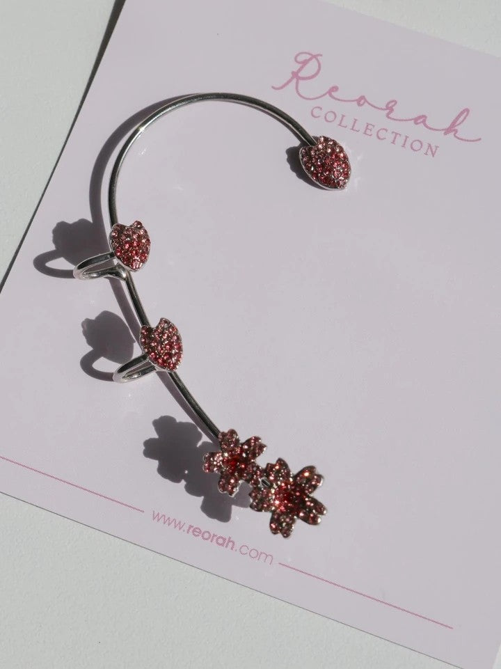 Red Stone Heart And Flower Ear Cuff Earrings
