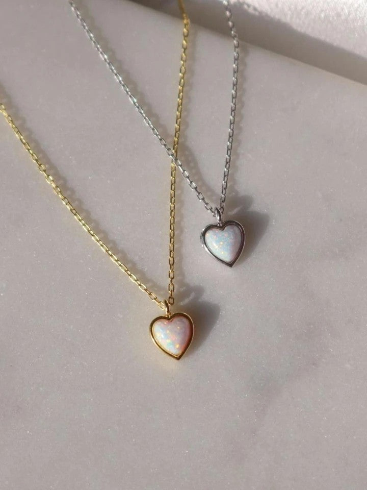 Minimal Opal Heart 925 Silver Necklace