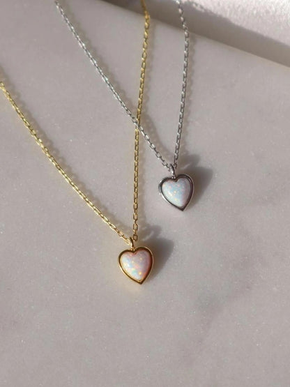Minimal Opal Heart 925 Silver Necklace