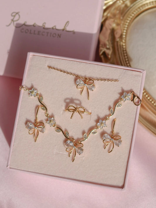 White Ribbon Garden Bracelet, Earrings, Ring and Necklace Set