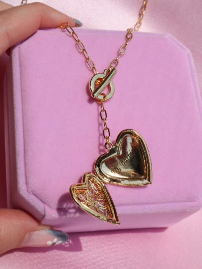 Heart Locket Necklace with Pink Gem