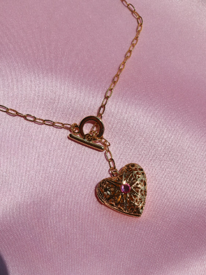 Heart Locket Necklace with Pink Gem