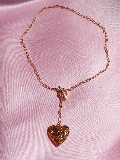 Heart Locket Necklace with Pink Gem