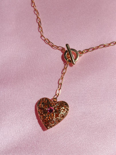 Heart Locket Necklace with Pink Gem