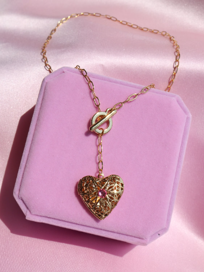 Heart Locket Necklace with Pink Gem