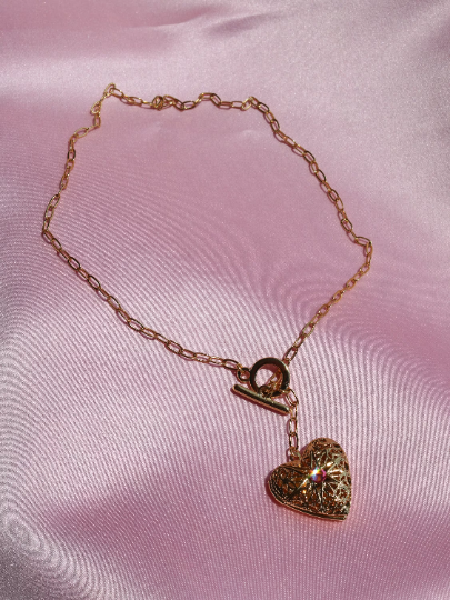 Heart Locket Necklace with Pink Gem