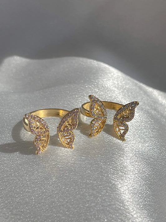 Butterfly Zirconia Ring Brass Gold Plated Mariposa Wings