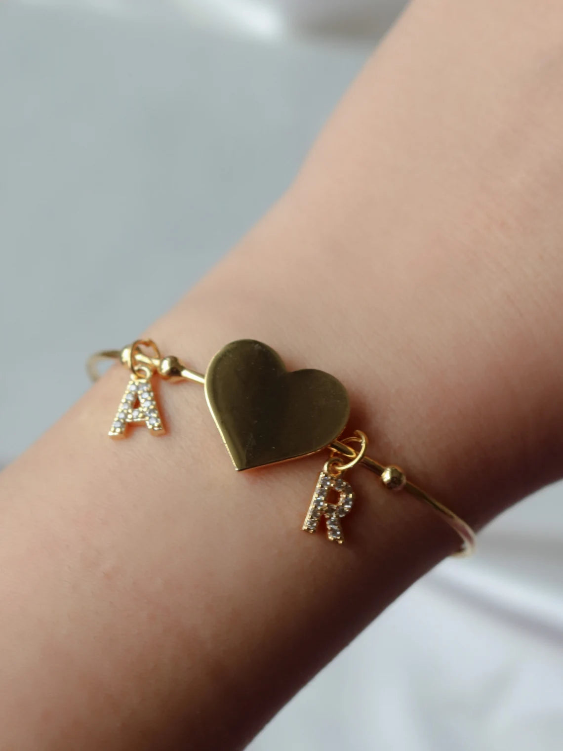 Letter Heart Charm Bracelet, Gold Plated Brass, Personalized Bracelet