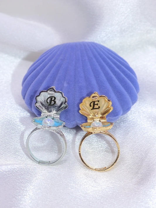 Mermaid Inspired Pearl Letter Ring, Sea Shell Locket Ring