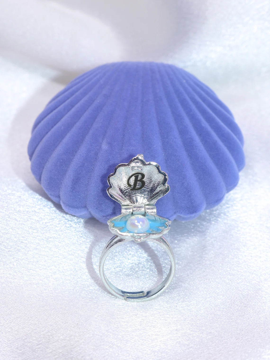 Mermaid Inspired Pearl Letter Ring, Sea Shell Locket Ring