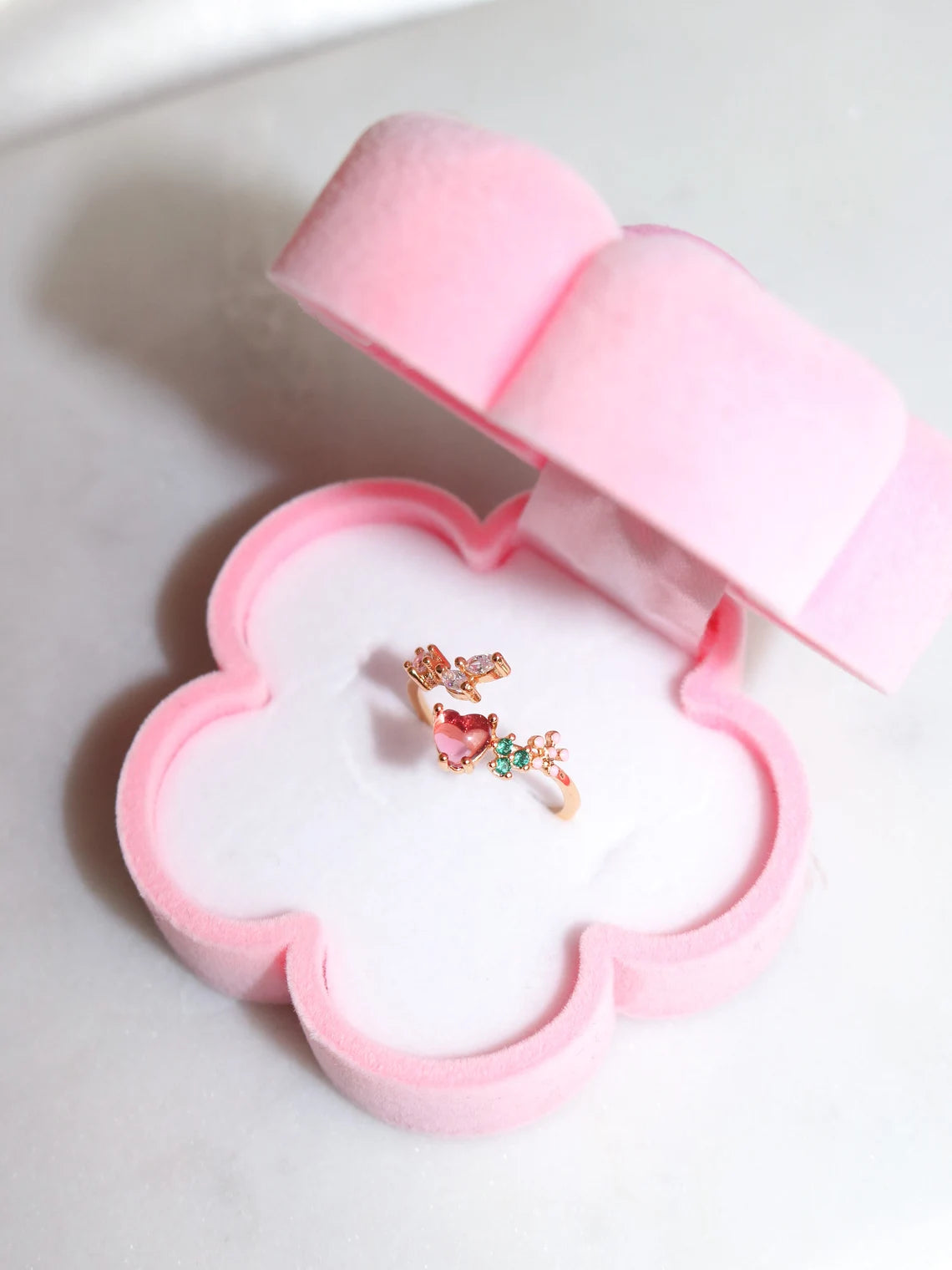 Cute Pink Heart with Flowers Ring zircon/adjustable/Fairy ring