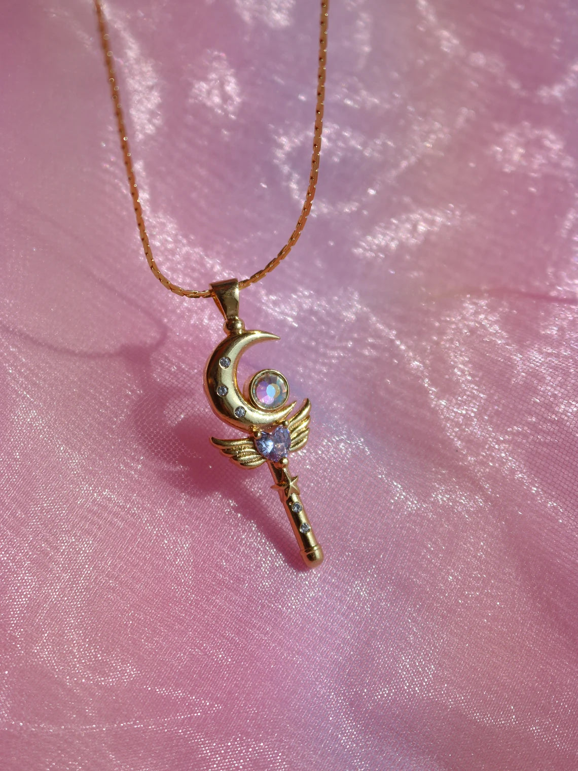 Sailor Magic Power Moon Wand Necklace, Usagi Heart Wings Necklace, Princess Serenity Necklace