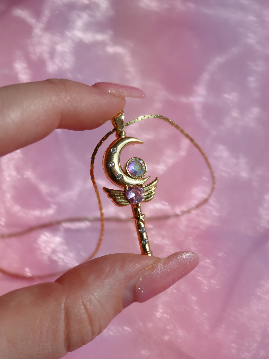 Sailor Magic Power Moon Wand Necklace, Usagi Heart Wings Necklace, Princess Serenity Necklace