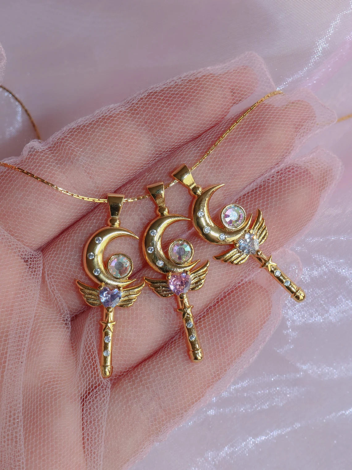 Sailor Magic Power Moon Wand Necklace, Usagi Heart Wings Necklace, Princess Serenity Necklace