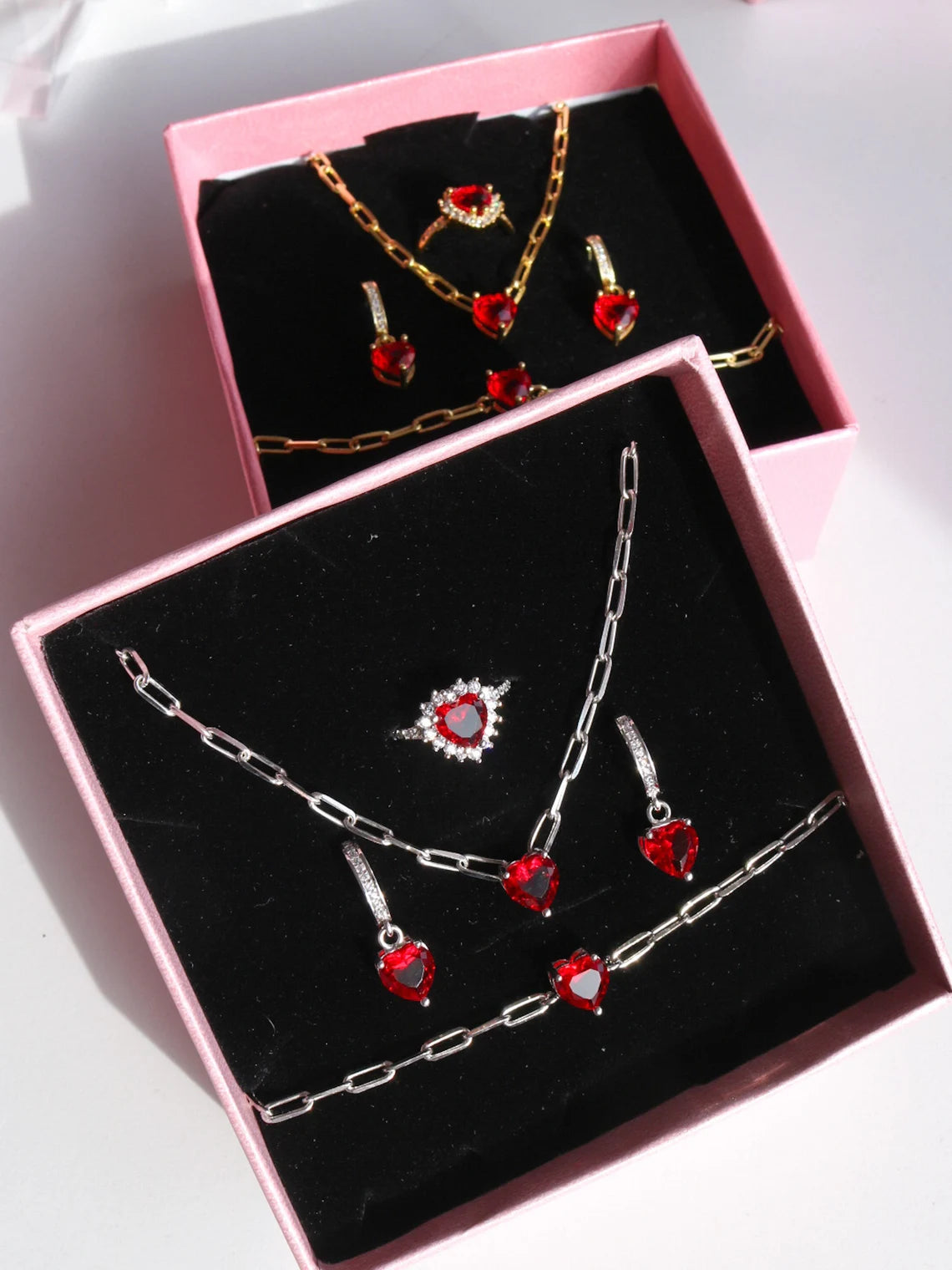 Sparkling Heart Jewelry Set, Red Heart Jewelry Set, Valentine's Present, Elegant Jewelry Set