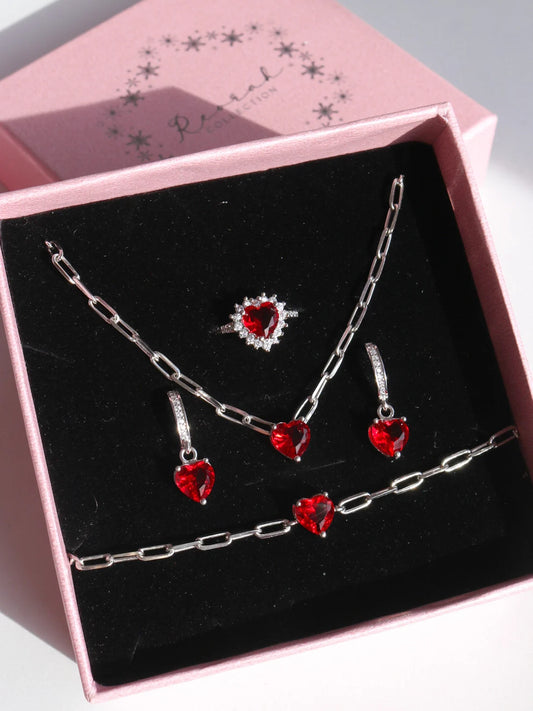 Sparkling Heart Jewelry Set, Red Heart Jewelry Set, Valentine's Present, Elegant Jewelry Set