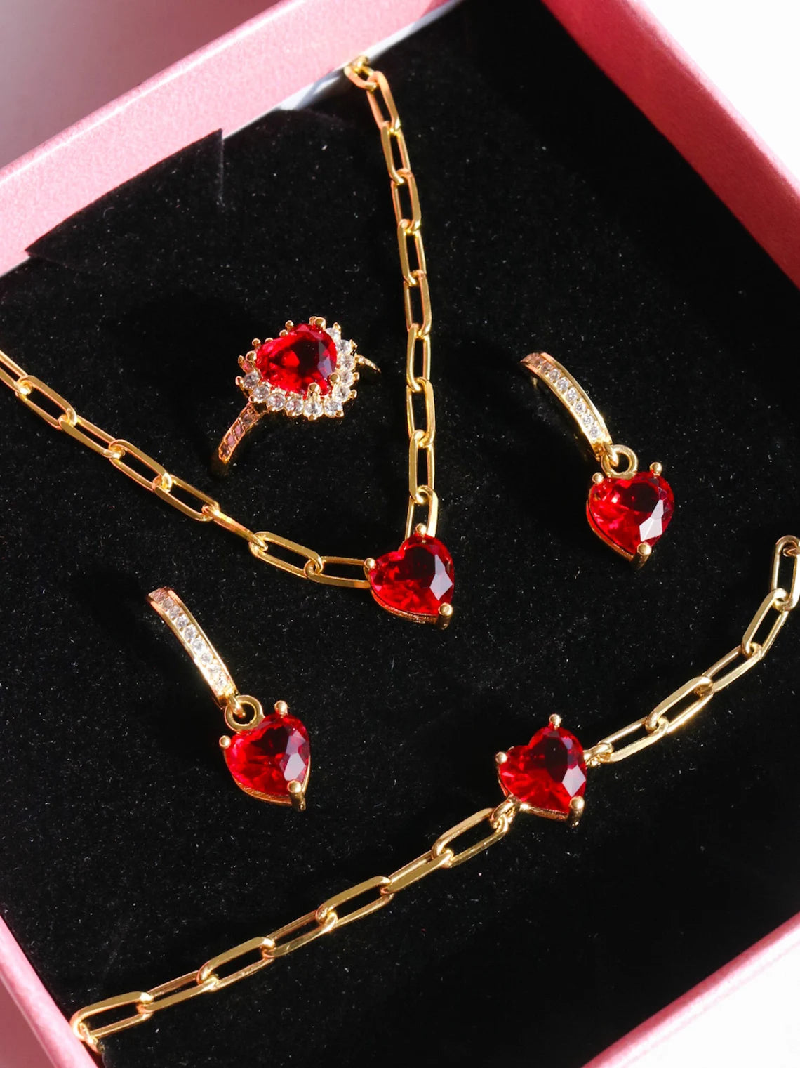 Sparkling Heart Jewelry Set, Red Heart Jewelry Set, Valentine's Present, Elegant Jewelry Set