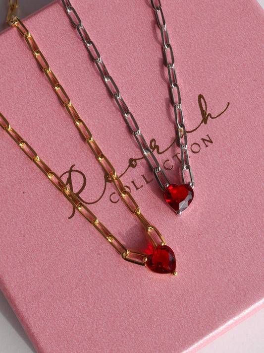 Sparkling Heart Necklace, Red Heart Valentine Elegant Necklace, 925 Sterling Silver