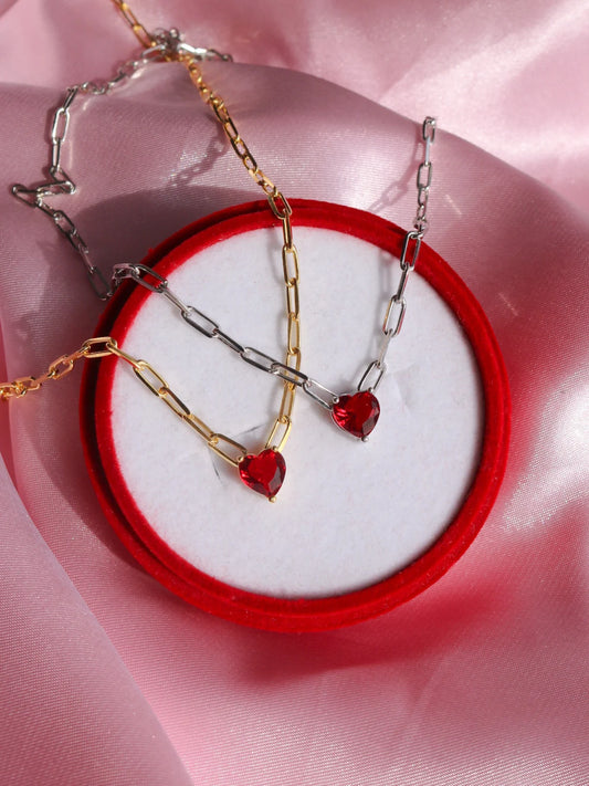 Sparkling Heart Necklace, Red Heart Valentine Elegant Necklace, 925 Sterling Silver