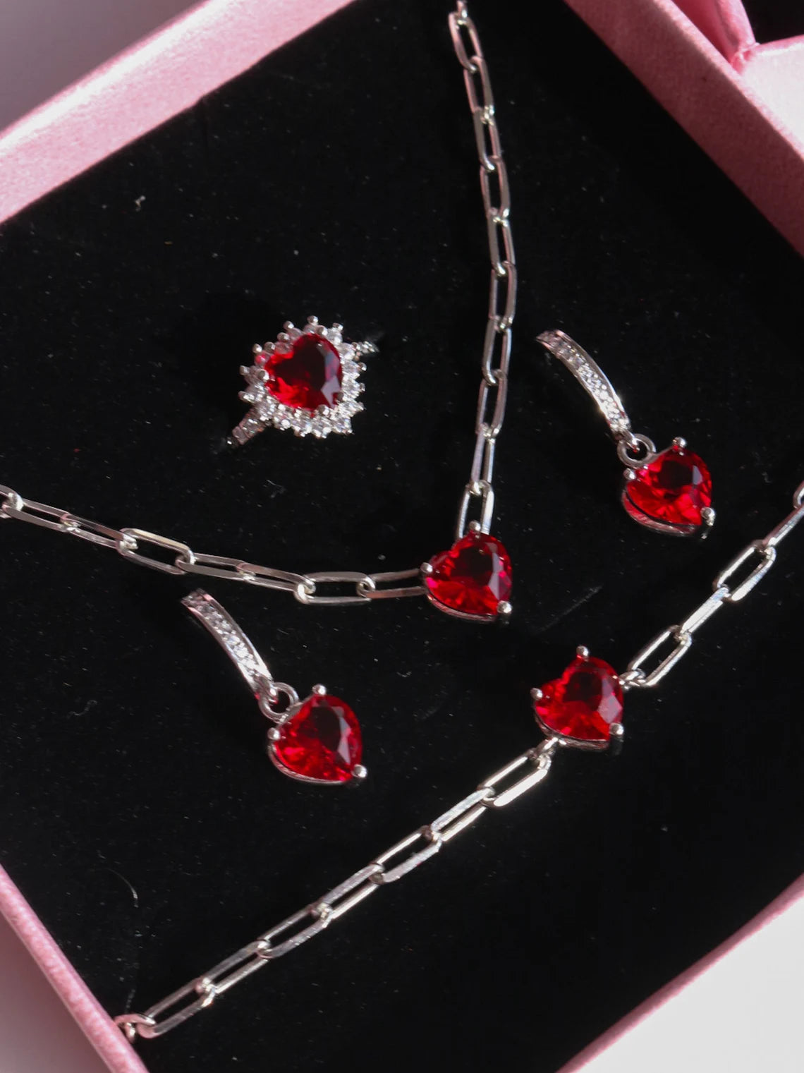 Sparkling Heart Jewelry Set, Red Heart Jewelry Set, Valentine's Present, Elegant Jewelry Set