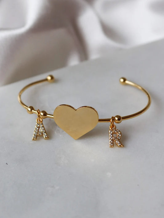 Letter Heart Charm Bracelet, Gold Plated Brass, Personalized Bracelet