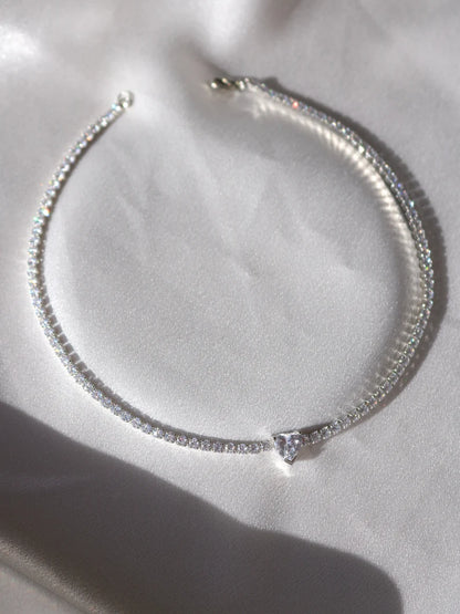 Shiny Love Silver Plated Brass Chain Heart Choker Bracelet Ring Set